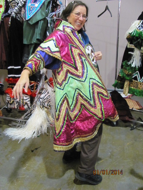 Trying on a prior year's Mummer sequined costume